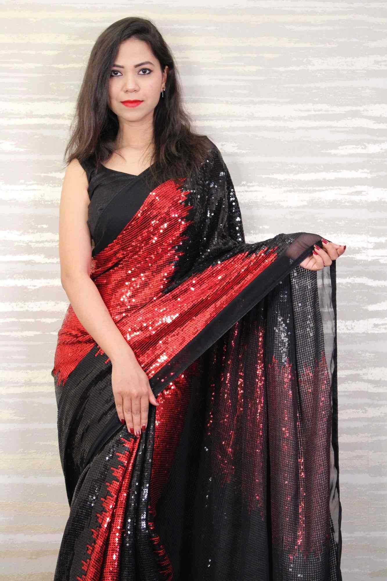 Designer georgette red and black sequin wrap in 1 minute saree - Isadora Life Online Shopping Store