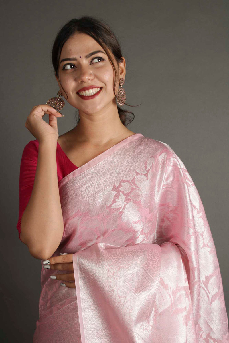 Light Pink Tissue Silk Self Embroidery Soft Silk Ready to wear one minute saree with readymade blouse - Isadora Life Online Shopping Store