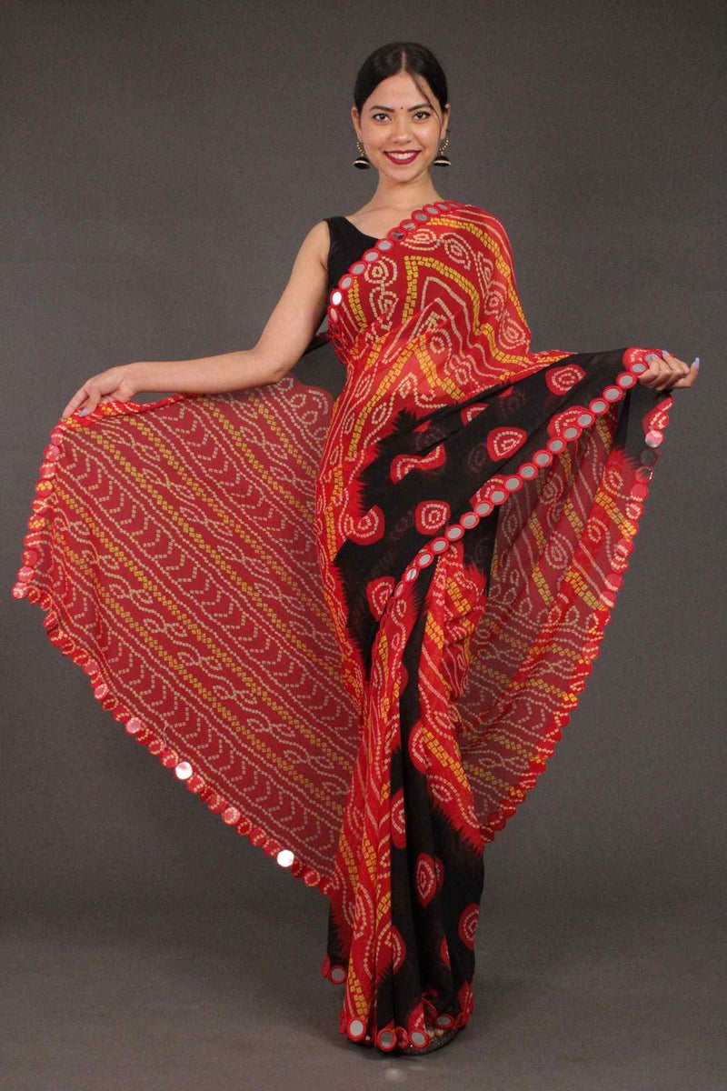 Georgette Traditional Printed Bandhani with mirror work border Wrap in 1 minute saree - Isadora Life Online Shopping Store