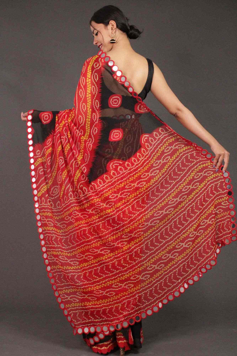 Georgette Traditional Printed Bandhani with mirror work border Wrap in 1 minute saree - Isadora Life Online Shopping Store