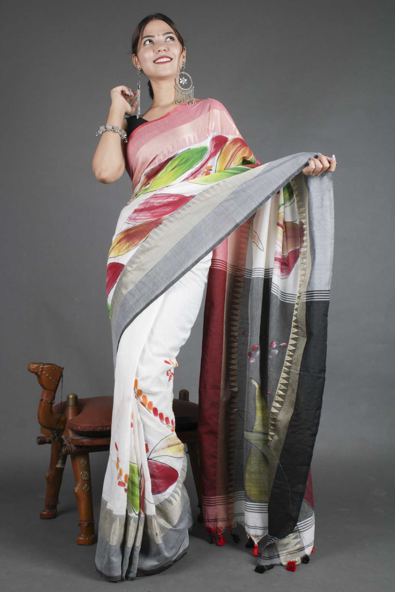 Hand Painted Cotton Handloom Wrap in 1 minute saree - Isadora Life Online Shopping Store