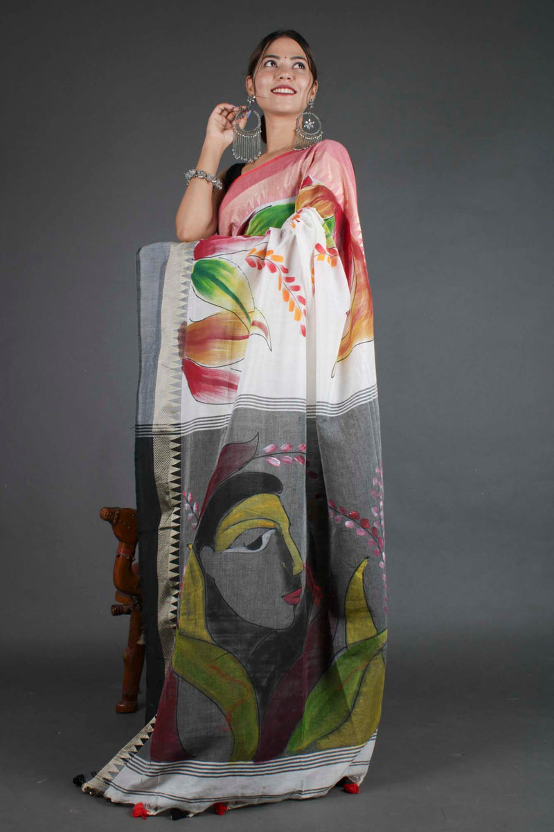 Hand Painted Cotton Handloom Wrap in 1 minute saree - Isadora Life Online Shopping Store
