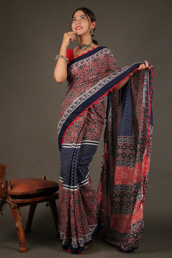 Hand Block ajrakh Printed Mulmul Cotton Wrap in 1 minute saree with Pompom border - Isadora Life Online Shopping Store