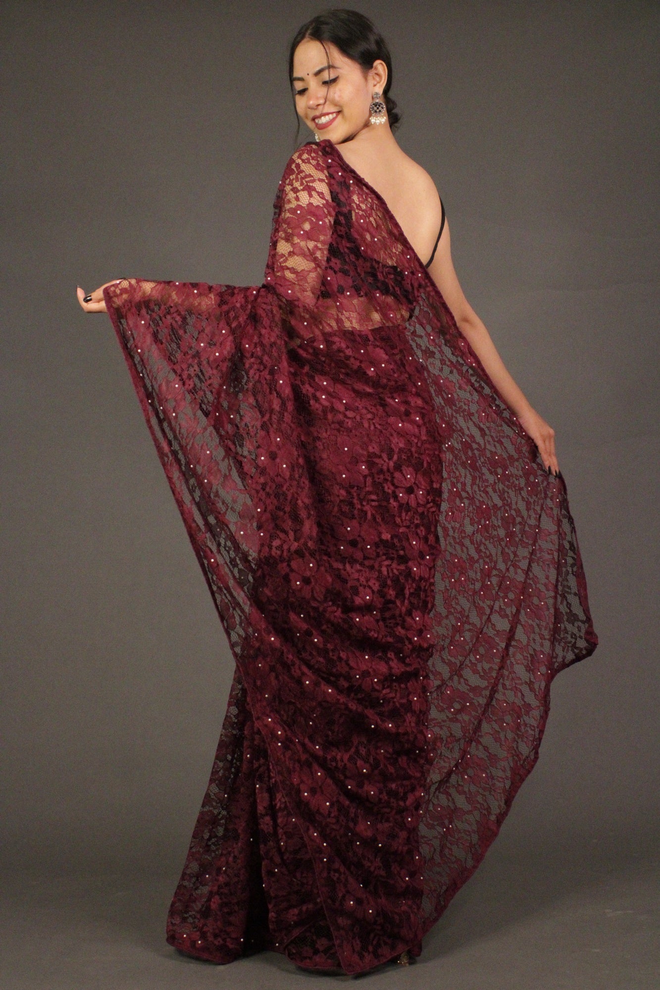 Burgundy Embellished Lace beaded Wrap in 1 mintue saree - Isadora Life Online Shopping Store
