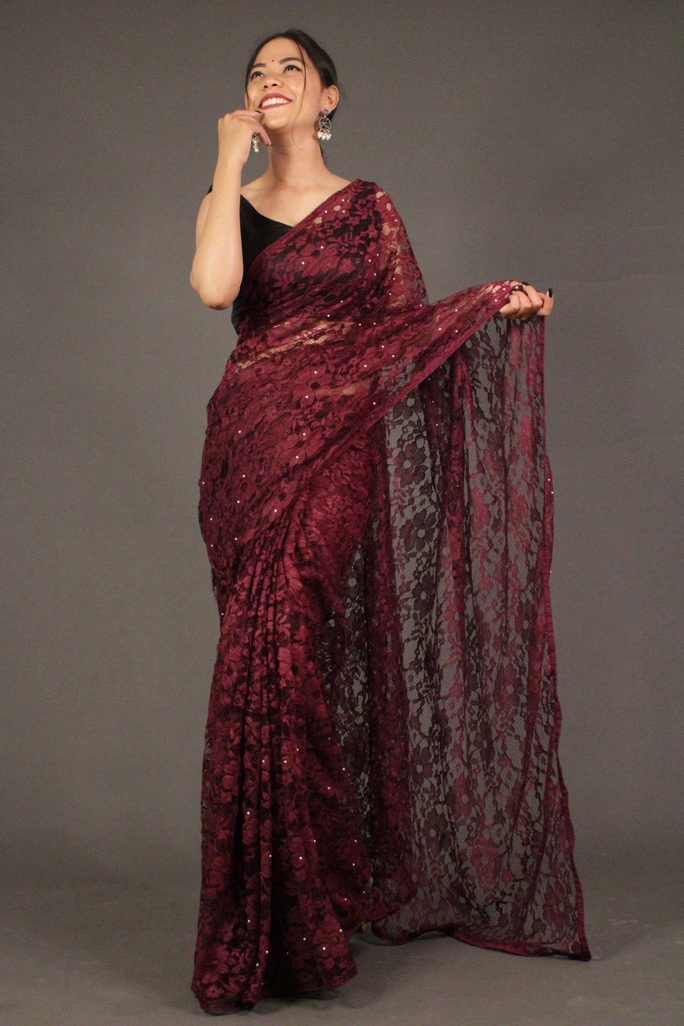 Burgundy Embellished Lace beaded Wrap in 1 mintue saree - Isadora Life Online Shopping Store