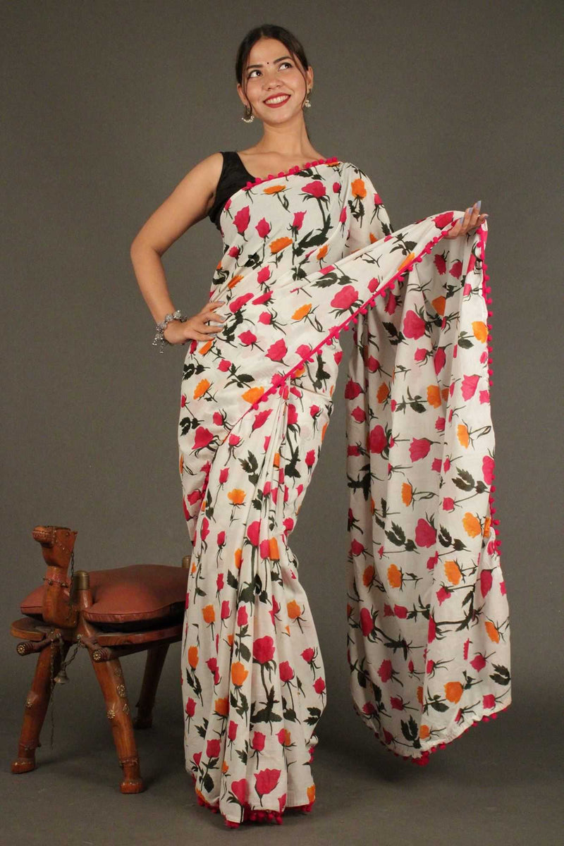 Floral Printed Cotton Mulmul with Pompom Border Wrap in 1 minute saree - Isadora Life Online Shopping Store