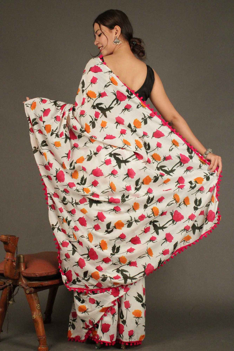 Floral Printed Cotton Mulmul with Pompom Border Wrap in 1 minute saree - Isadora Life Online Shopping Store
