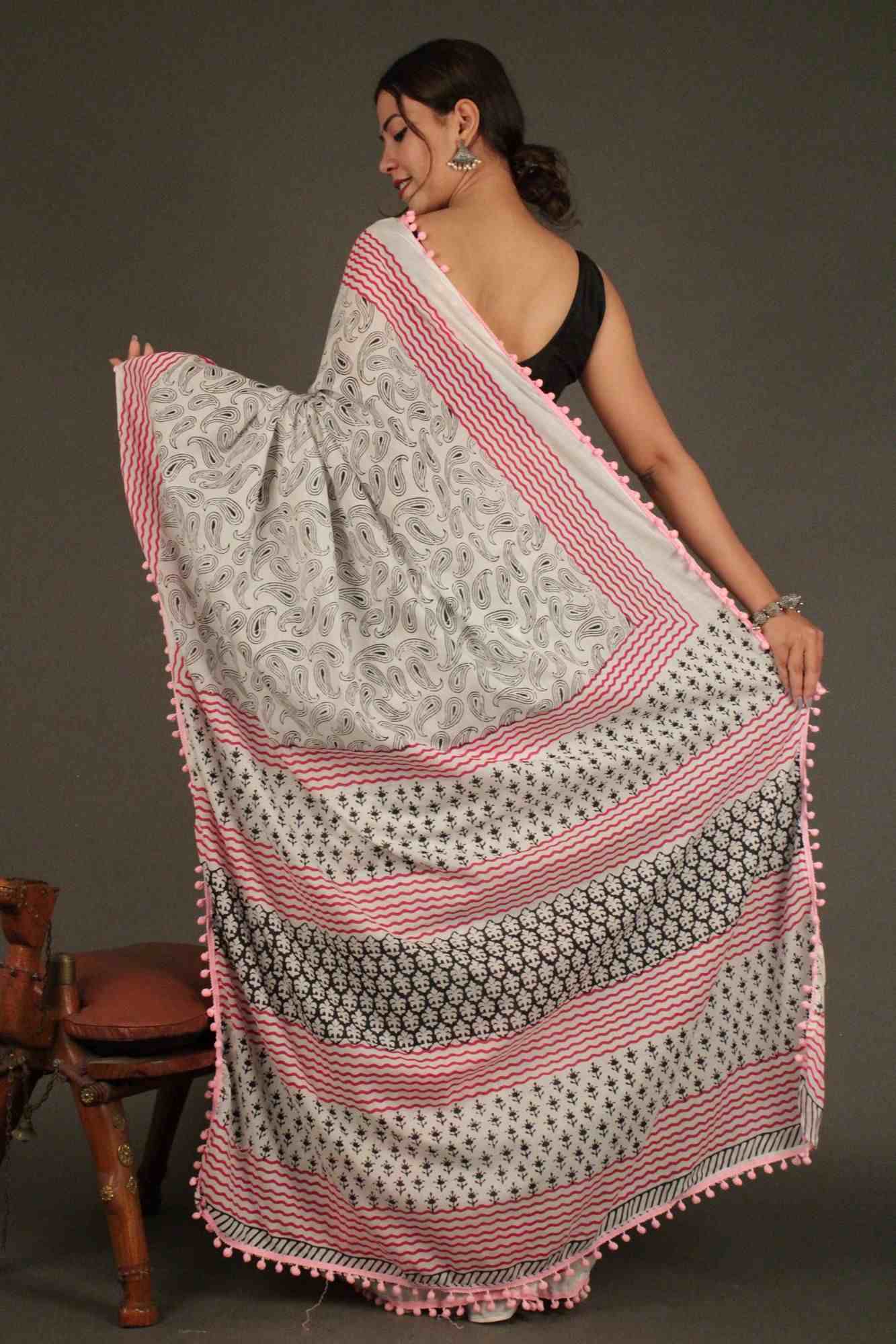 Vegetable dye light weight Mulmul Cotton with Pompom Border Wrap in 1 minute saree - Isadora Life Online Shopping Store