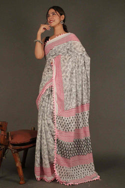 Vegetable dye light weight Mulmul Cotton with Pompom Border Wrap in 1 minute saree - Isadora Life Online Shopping Store