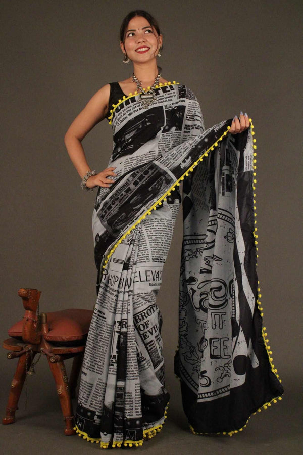 Newspaper Printed mul mul cotton with Pompom Border Wrap in 1 minute saree - Isadora Life Online Shopping Store