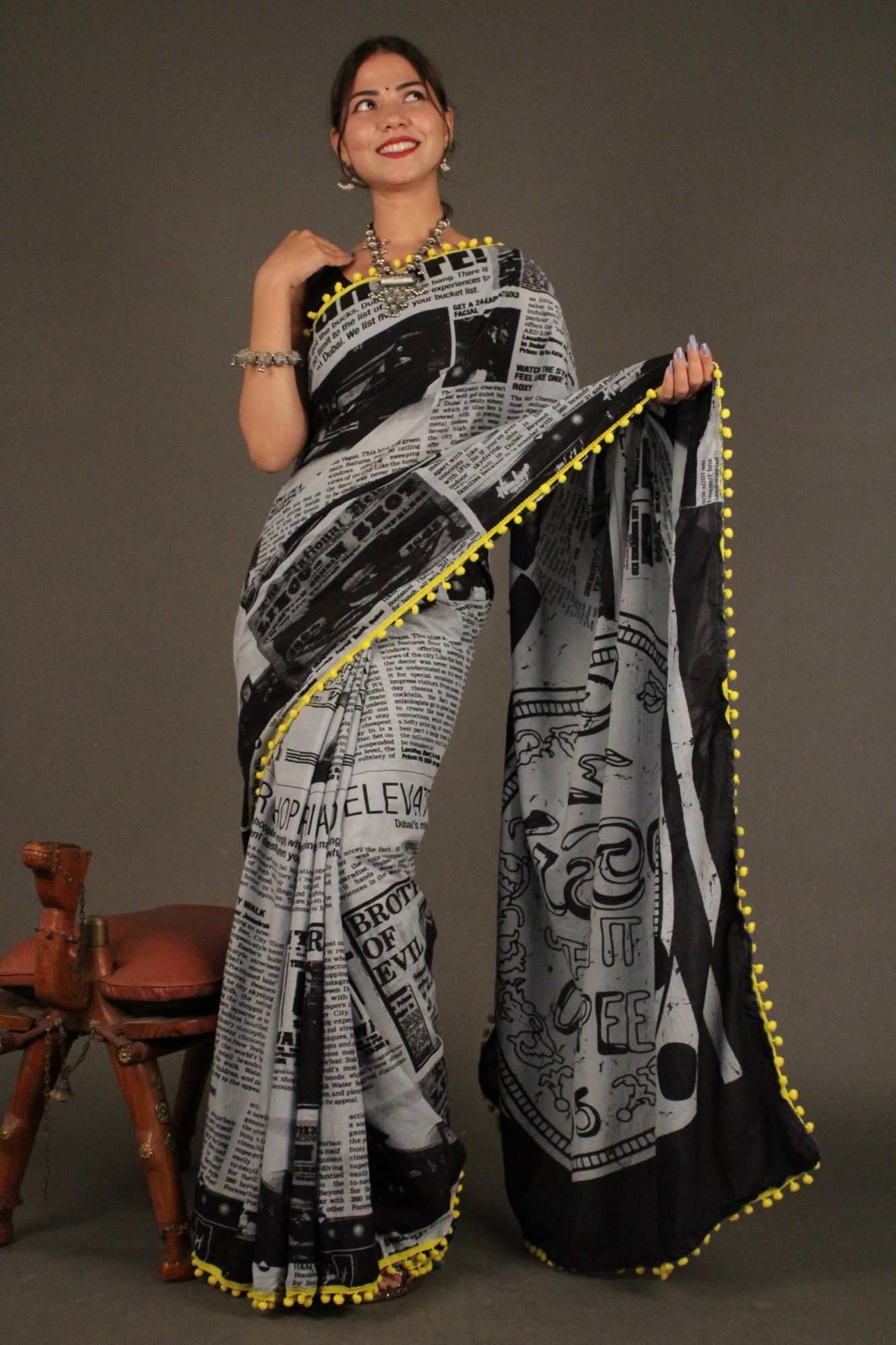 Newspaper Printed mul mul cotton with Pompom Border Wrap in 1 minute saree - Isadora Life Online Shopping Store