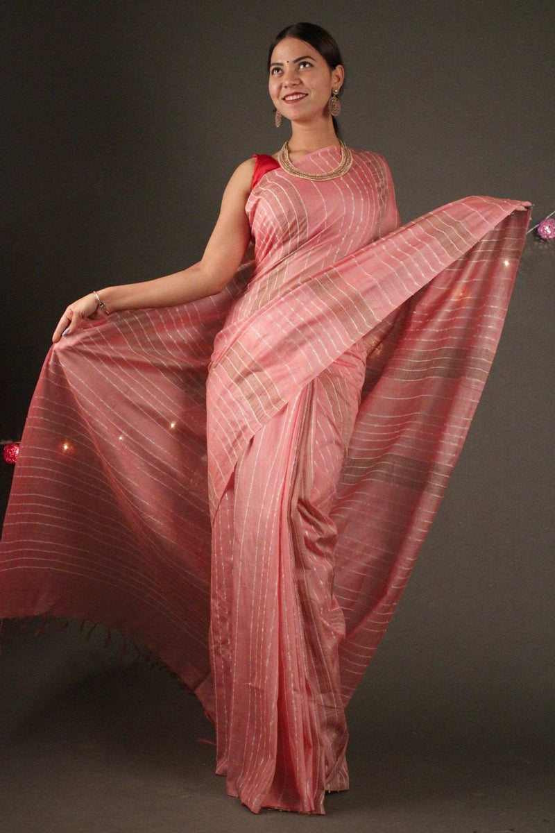 Peachy peach Katan Silk with Resham weaving all over Wrap in 1 minute saree - Isadora Life Online Shopping Store