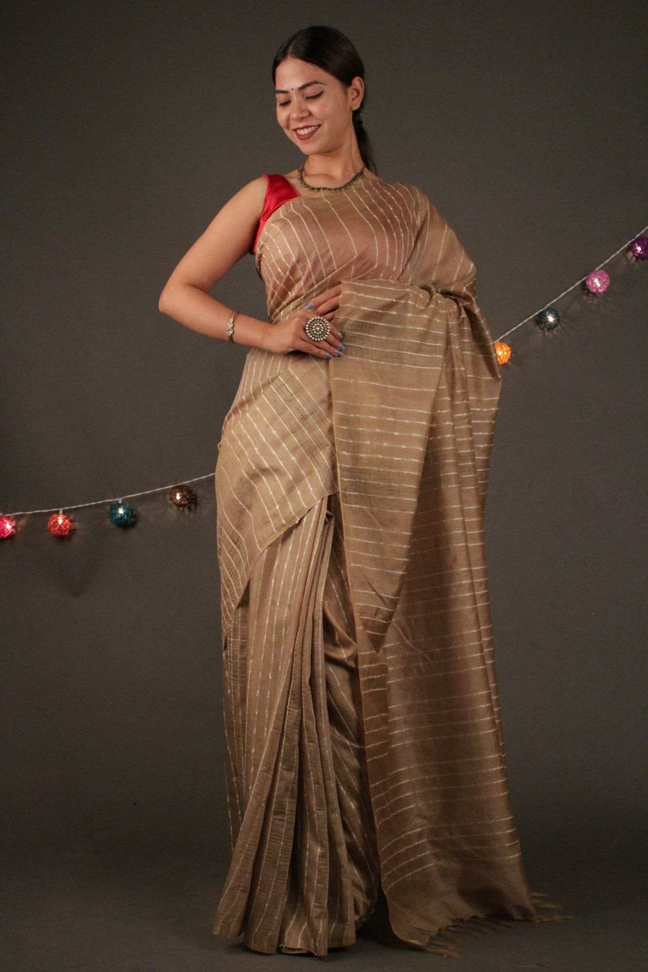 Beige Katan Silk with resham weaving all over Wrap in 1 minute saree - Isadora Life Online Shopping Store
