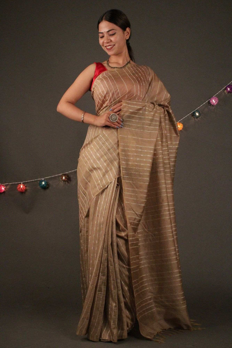 Beige Katan Silk with resham weaving all over Wrap in 1 minute saree - Isadora Life Online Shopping Store