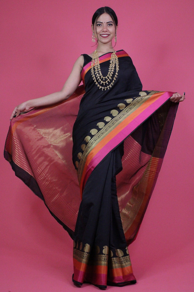 Black Banarasi Cotton Silk with woven border Wrap in 1 minute saree - Isadora Life Online Shopping Store