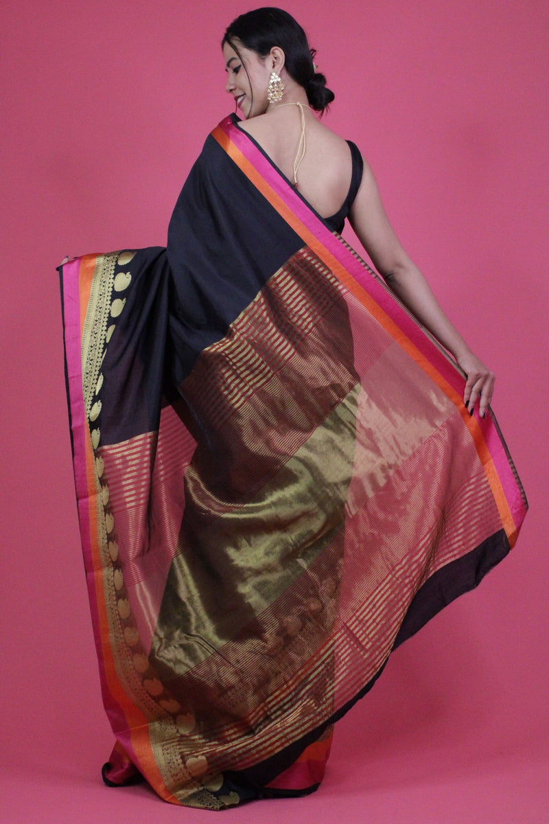 Black Banarasi Cotton Silk with woven border Wrap in 1 minute saree - Isadora Life Online Shopping Store