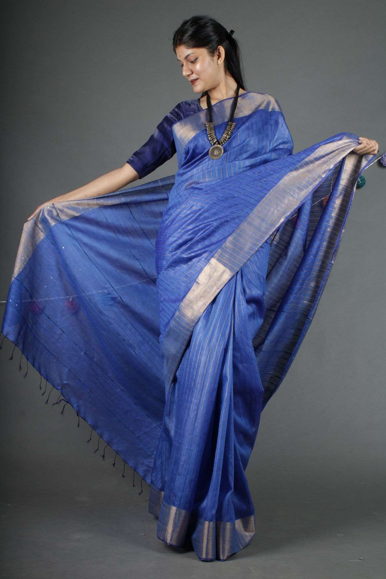 Blue bhagalpuri cotton silk with sequins all over pallu Wrap in 1 minute saree - Isadora Life Online Shopping Store
