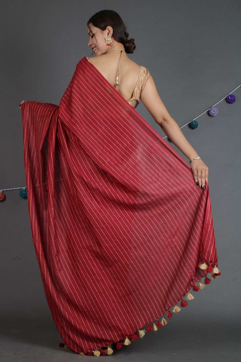 Maroon Katan Silk Resham Weaving all over Wrap in 1 minute saree - Isadora Life Online Shopping Store