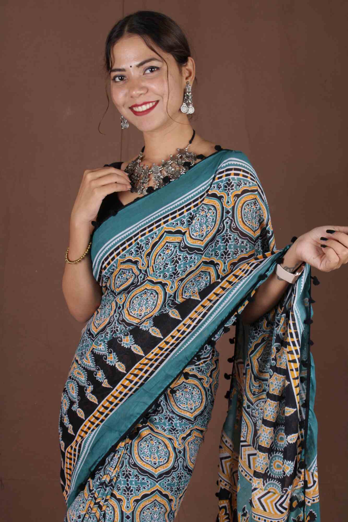 Handblock cotton Wrap in 1 minute saree with Pompom Border - Isadora Life Online Shopping Store