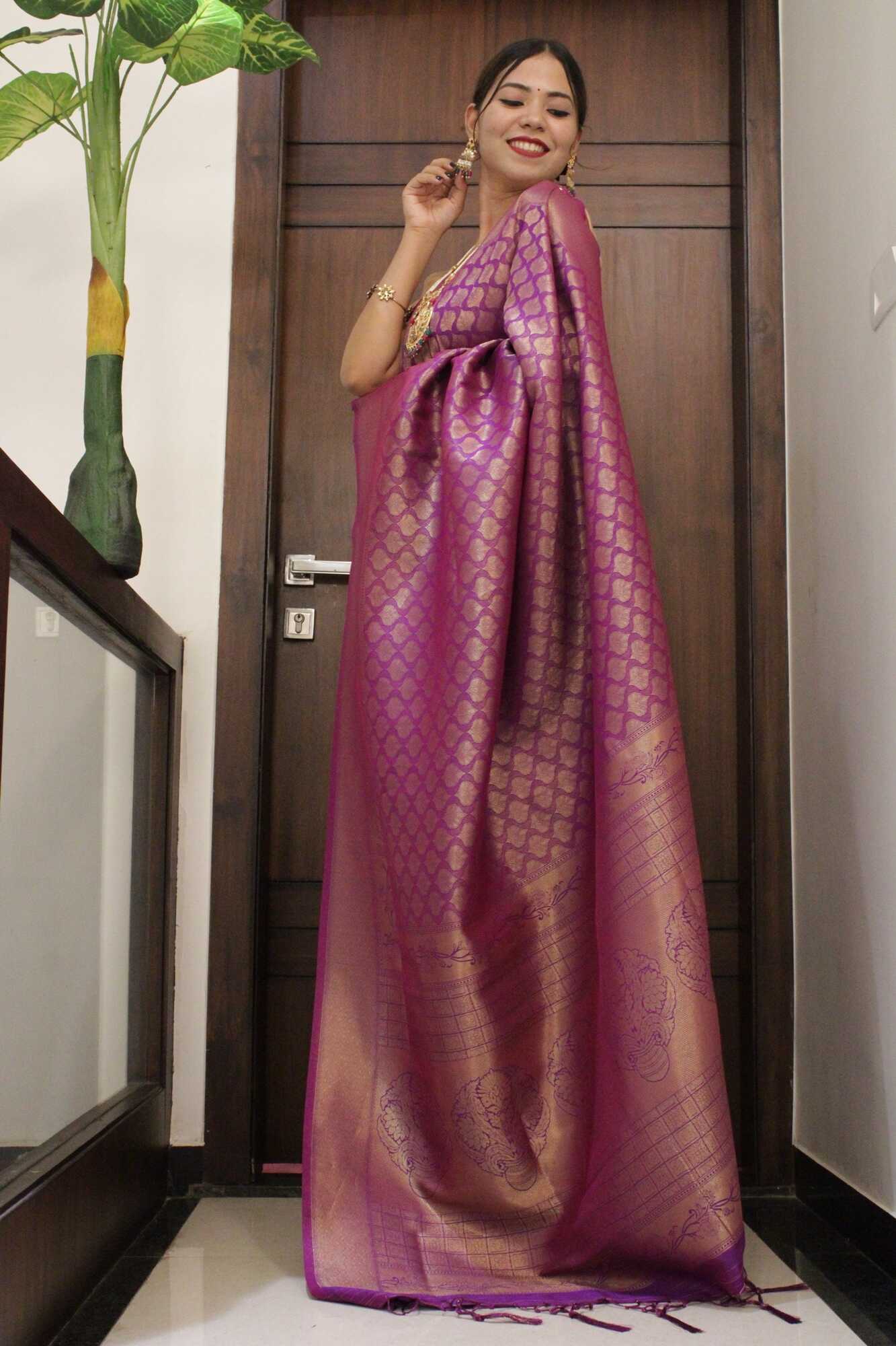 Purple Kanchipuram Raw Silk Wrap in 1 minute saree - Isadora Life Online Shopping Store