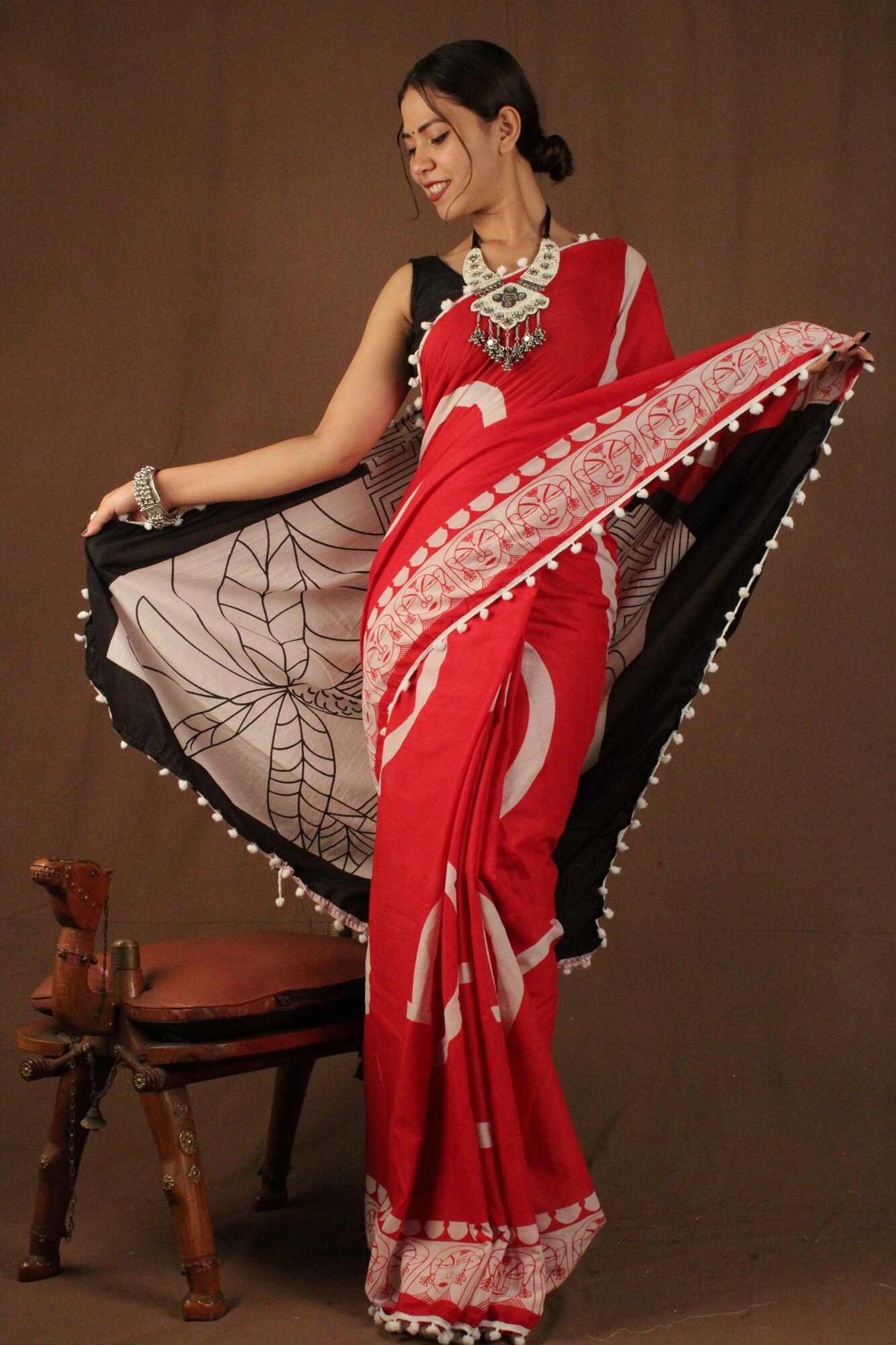 Red Handblock Vegetable Dye Mul Mul Cotton Wrap in 1 minute saree - Isadora Life Online Shopping Store