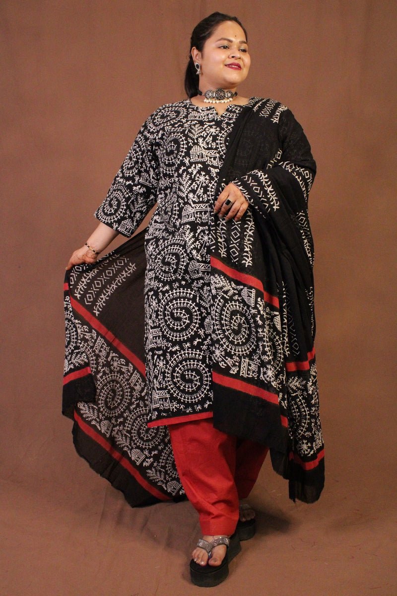 Pure Handloom Mulmul Cotton Warli Design Block Printed Ready to wear Salwar Kameez - Isadora Life Online Shopping Store