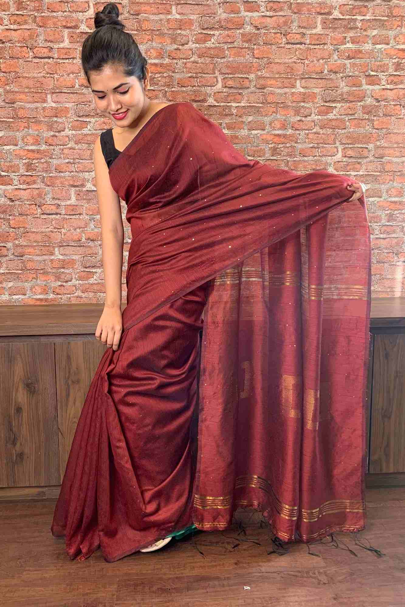 Maroon Rust Bengal Handloom cotton silk with sequins woven  wrap in 1 minute saree - Isadora Life Online Shopping Store