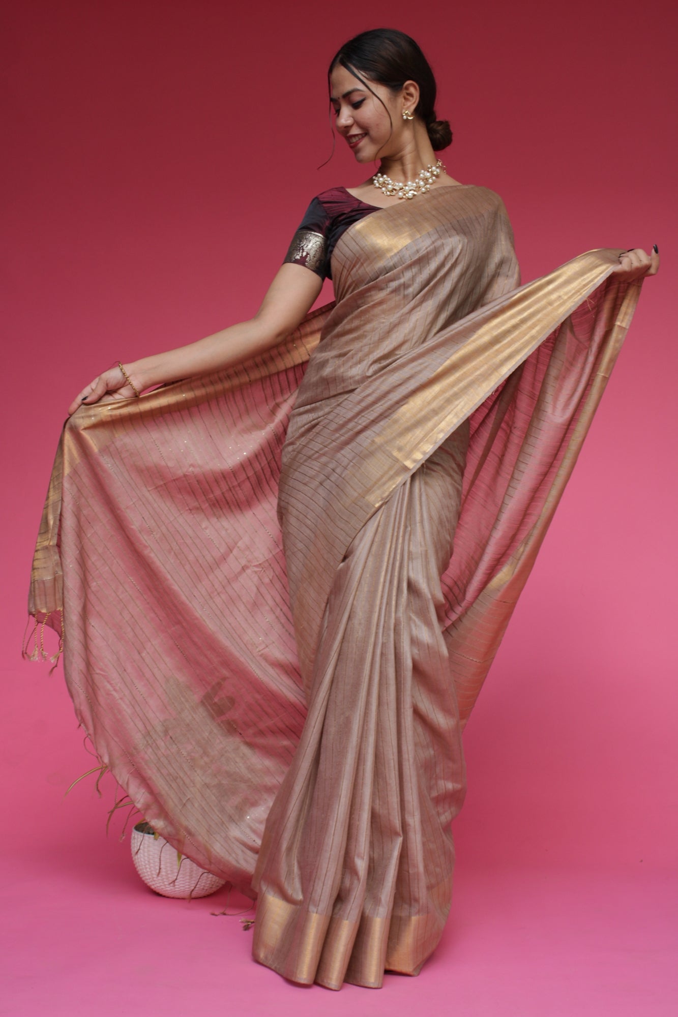 Beige Katan Silk Resham Weaving with Sequin woven pallu Wrap in 1 minute saree - Isadora Life Online Shopping Store