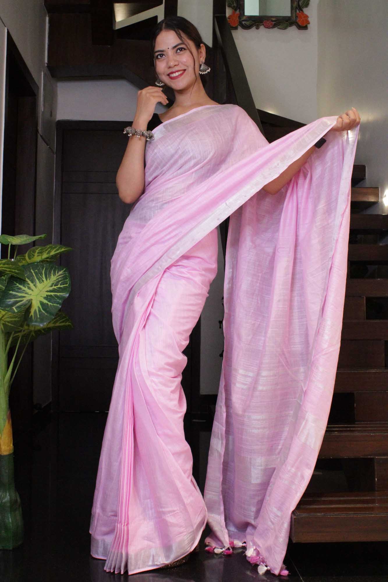 Linen Slub Peach Pink with Silver Border Wrap in 1 minute saree - Isadora Life Online Shopping Store