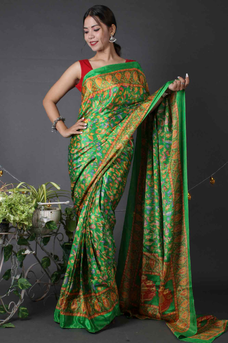 Green-Yellow Crepe Office Semi-Formal Printed Wrap in 1 minute saree - Isadora Life Online Shopping Store