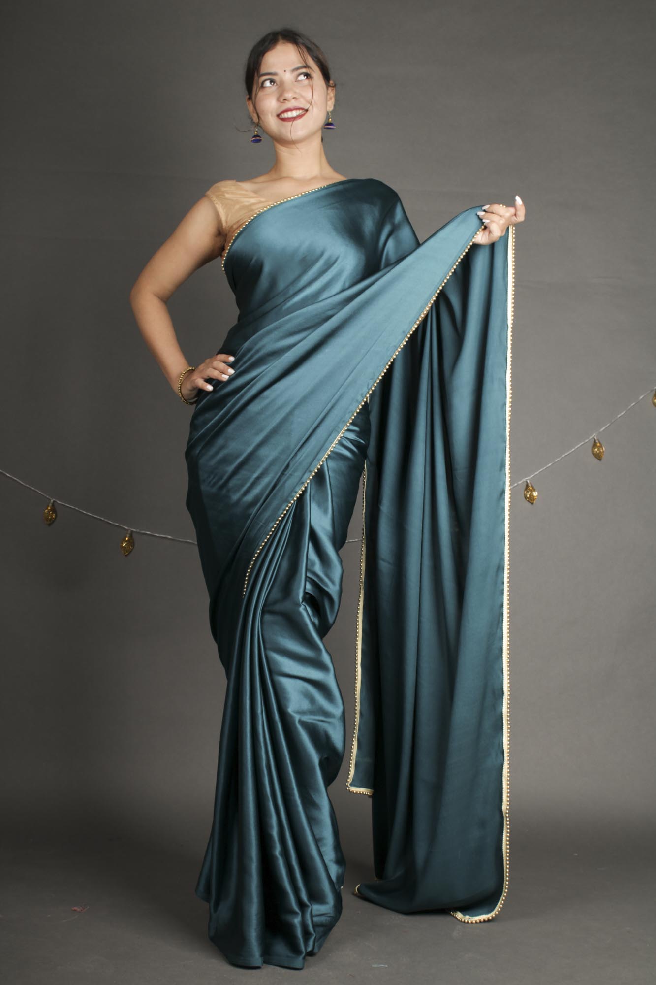 Turquoise Blue Satin Wrap in 1 Minute Saree - Isadora Life Online Shopping Store