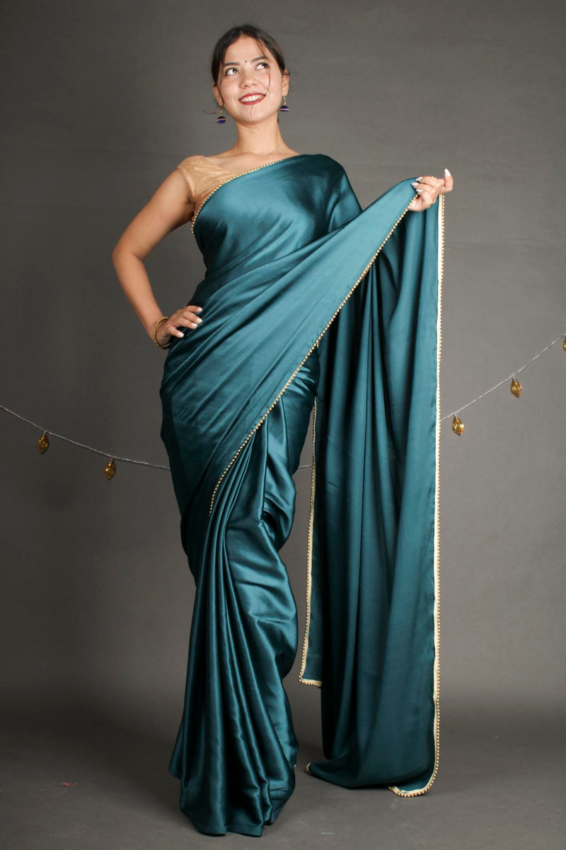 Turquoise Blue Satin Wrap in 1 Minute Saree - Isadora Life Online Shopping Store