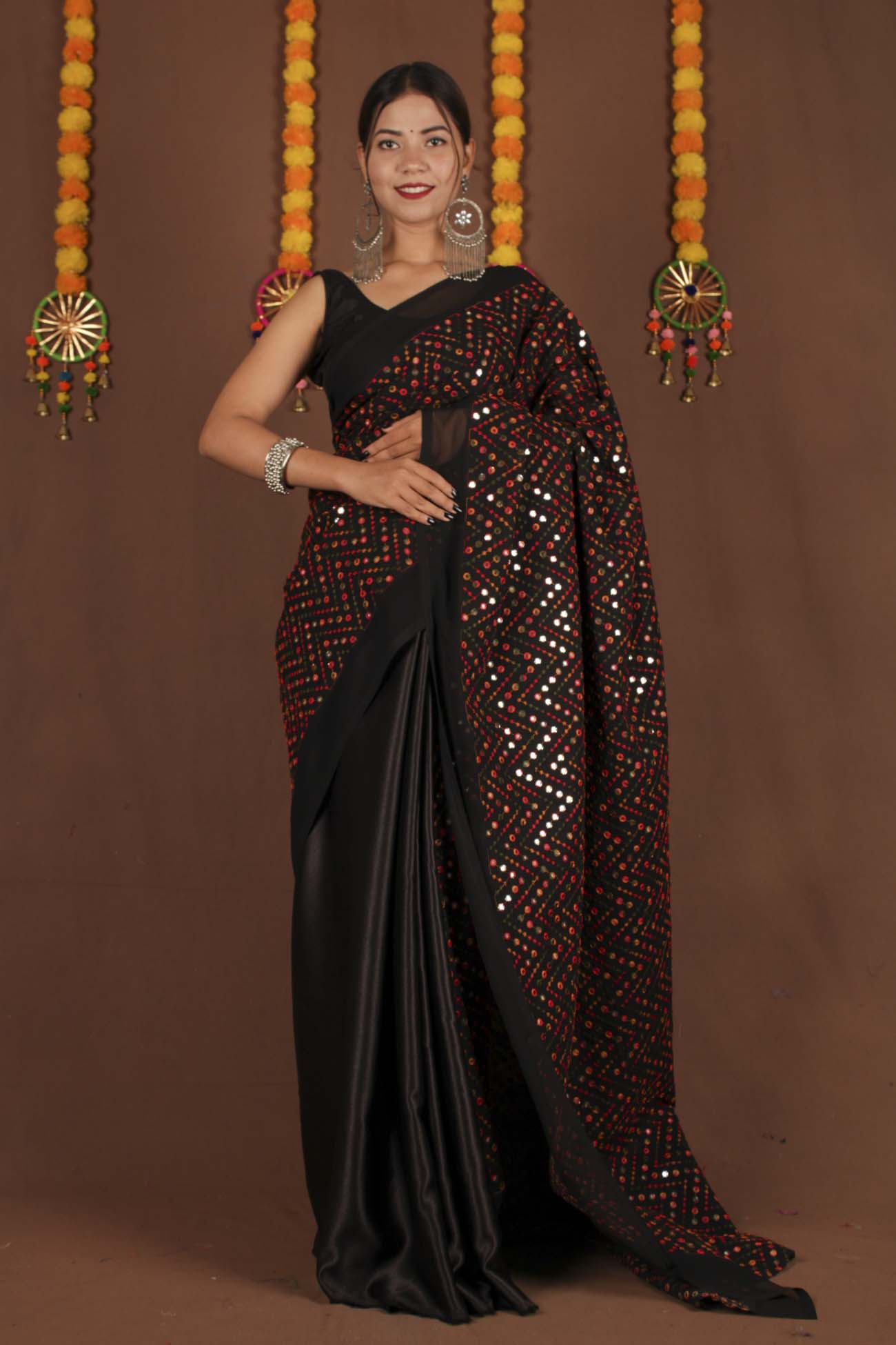 Black Sparkly Embroidery Mirror Work Half and Half Wrap in 1 minute saree - Isadora Life Online Shopping Store