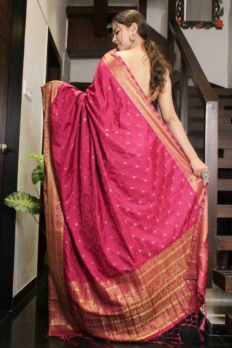 Wine Banarasi With Butis  and ornate zari border wrap in 1 Minute saree - Isadora Life Online Shopping Store