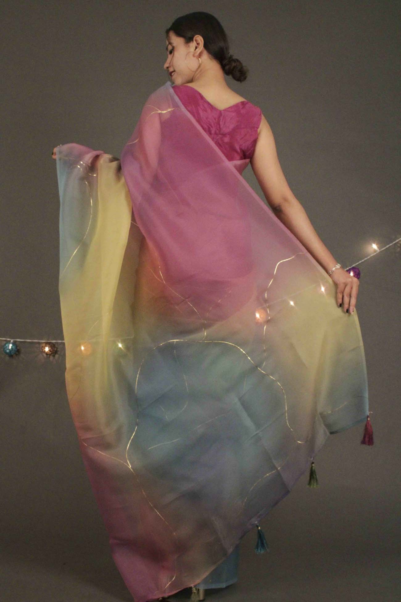 Rainbow Double Organza Sequence  Embroidered Wrap in 1 minute saree with Tassels - Isadora Life Online Shopping Store