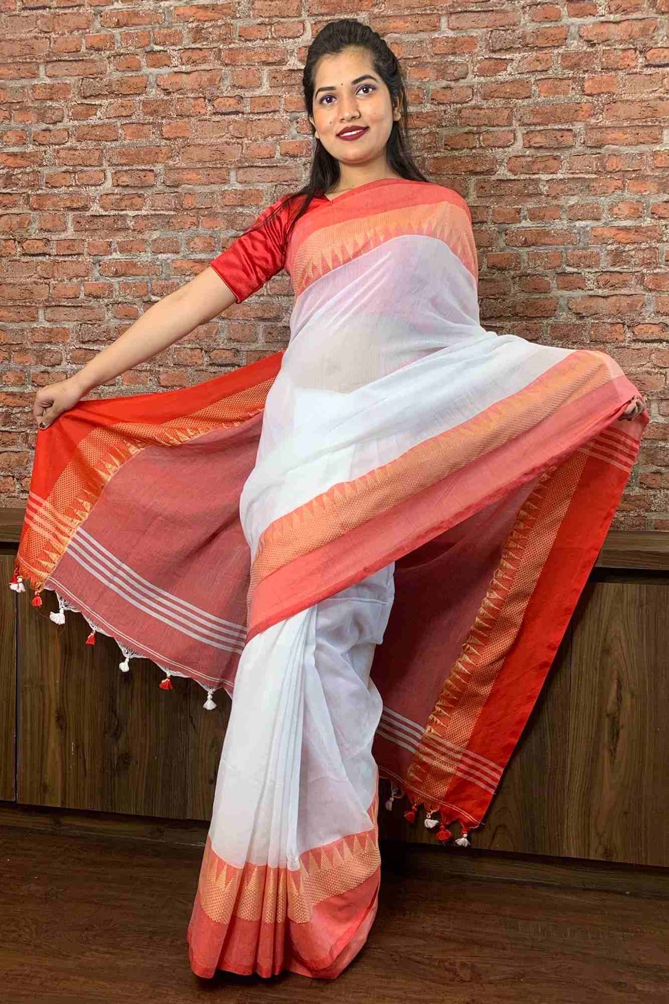 Woven temple border cotton wrap in 1 minute saree - Isadora Life Online Shopping Store