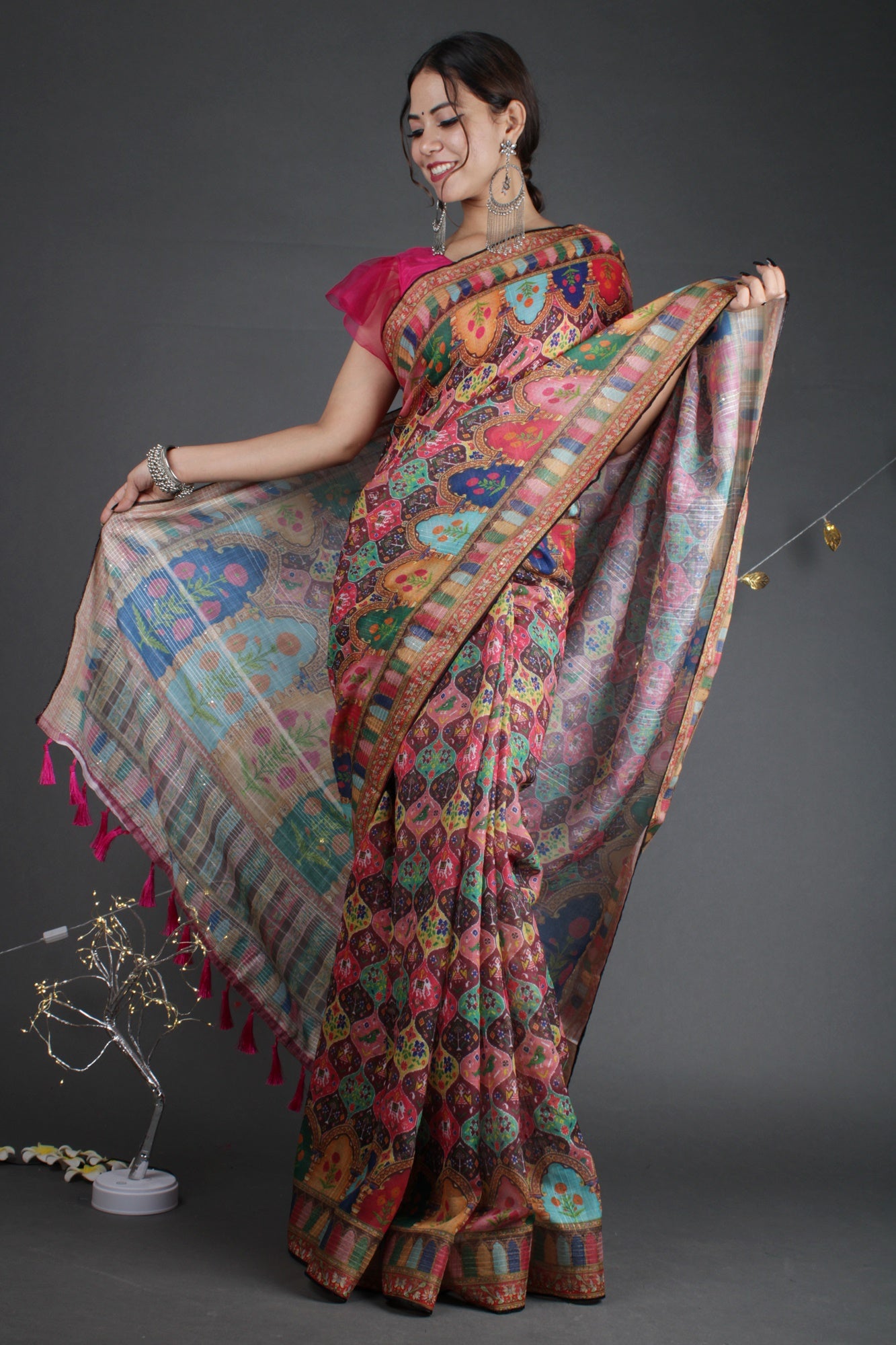 Gorgeous Kalamkari Sequinned Linen Blend Block Print Wrap in 1 minute saree - Isadora Life Online Shopping Store