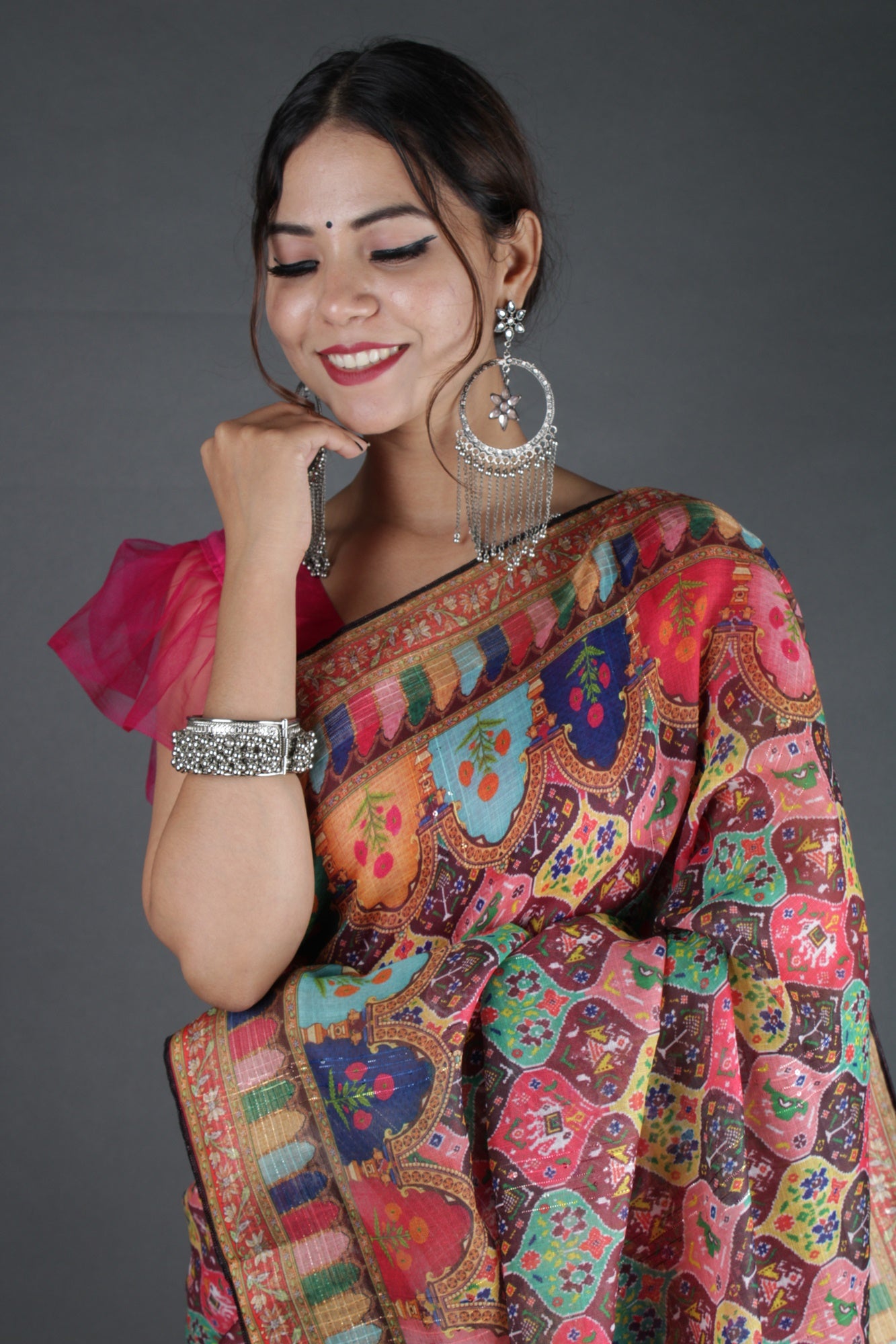 Gorgeous Kalamkari Sequinned Linen Blend Block Print Wrap in 1 minute saree - Isadora Life Online Shopping Store