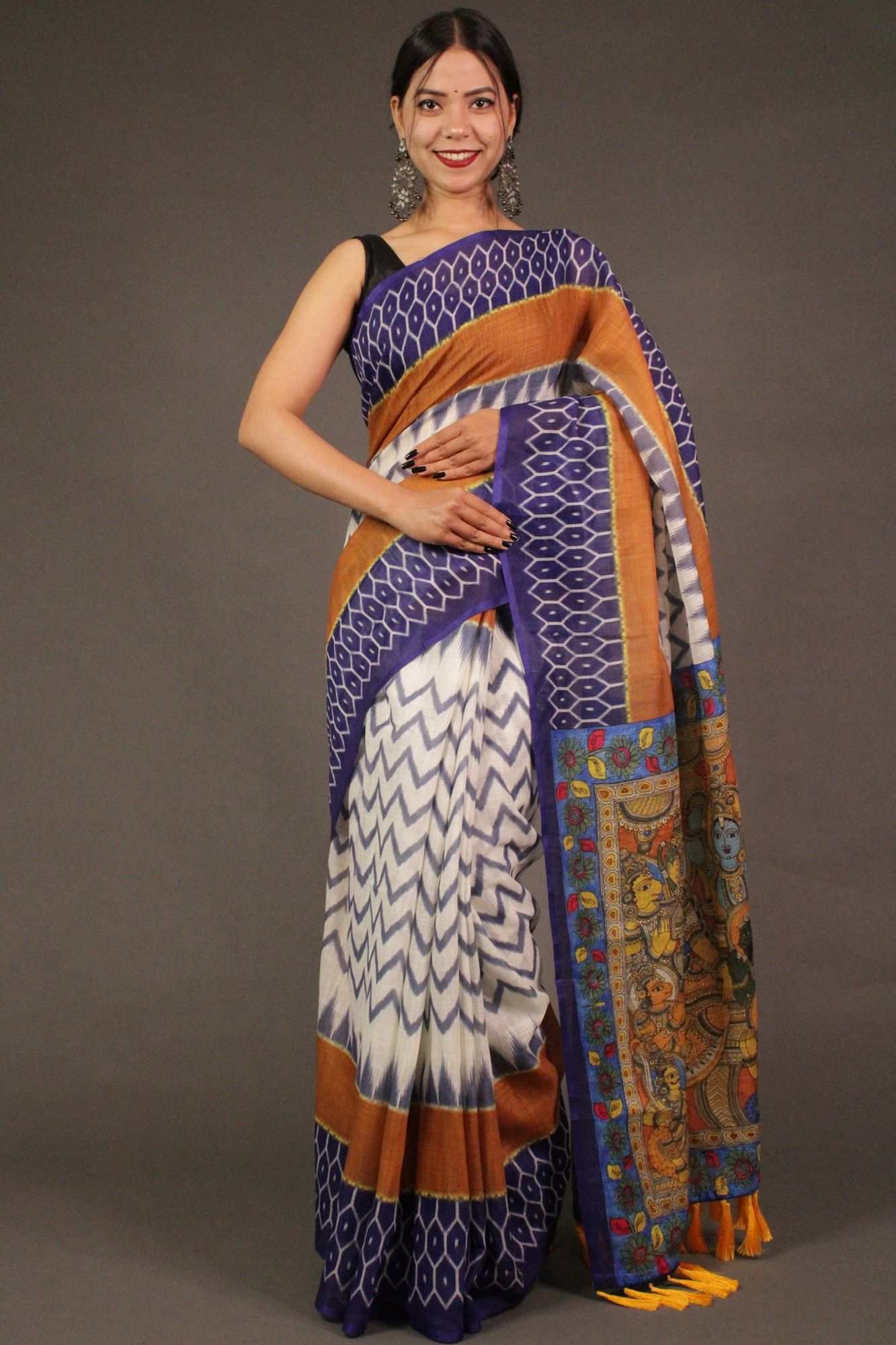 White and Blue Linen Blend Printed Ikat Wrap in 1 minute saree with madhubani pallu & tassels - Isadora Life Online Shopping Store