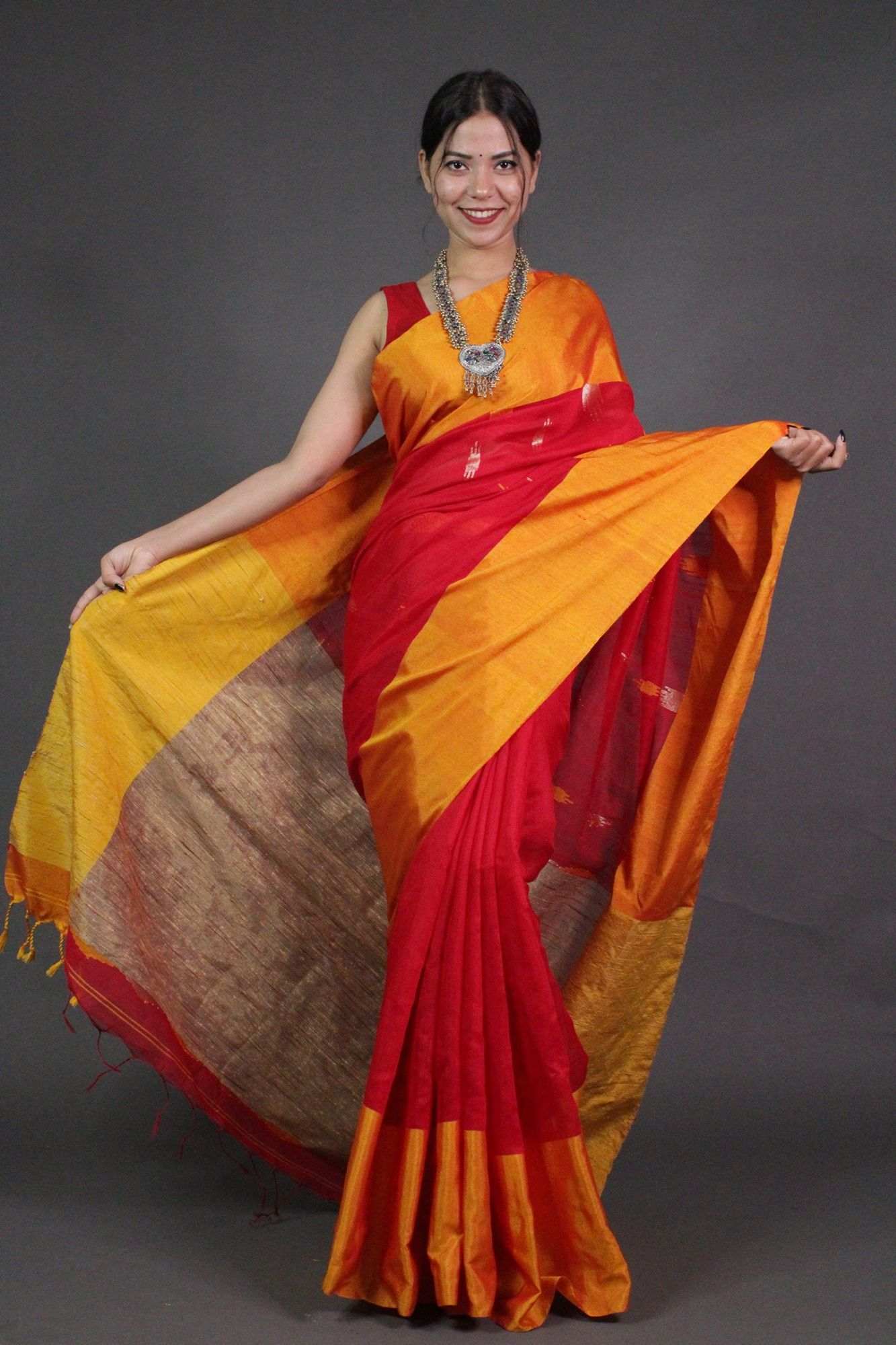 Red-Yellow Handloom Bengal Wrap in 1 minute Saree with Zari Border - Isadora Life Online Shopping Store