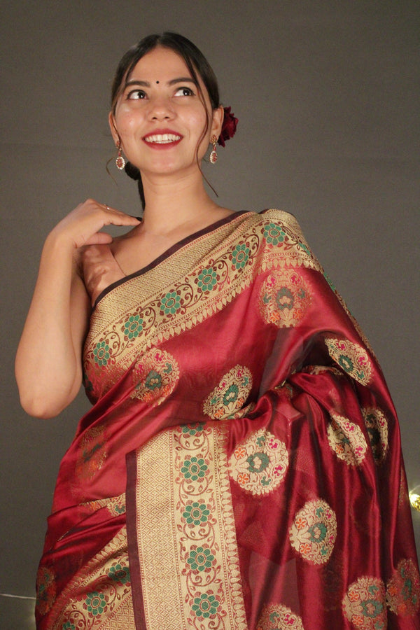 Maroon Traditional Organza Kanjeevaram silk with woven butis Wrap in 1 minute saree - Isadora Life Online Shopping Store
