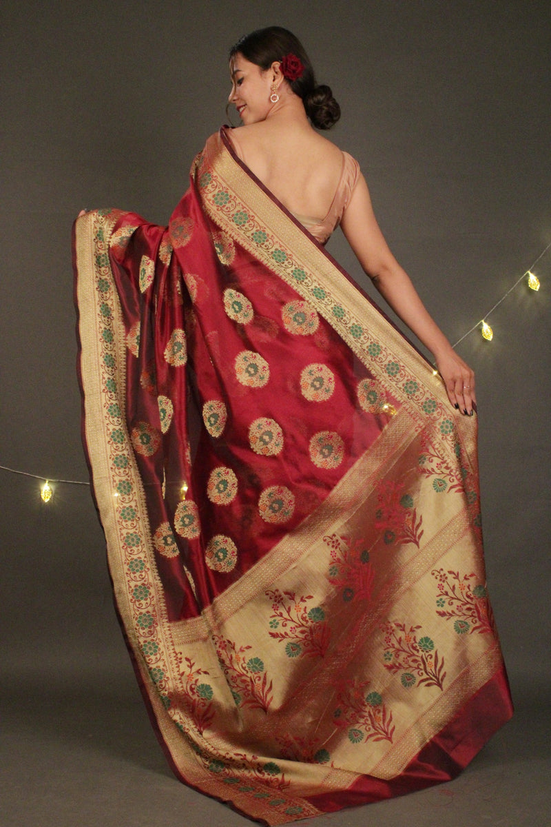Maroon Traditional Organza Kanjeevaram silk with woven butis Wrap in 1 minute saree - Isadora Life Online Shopping Store