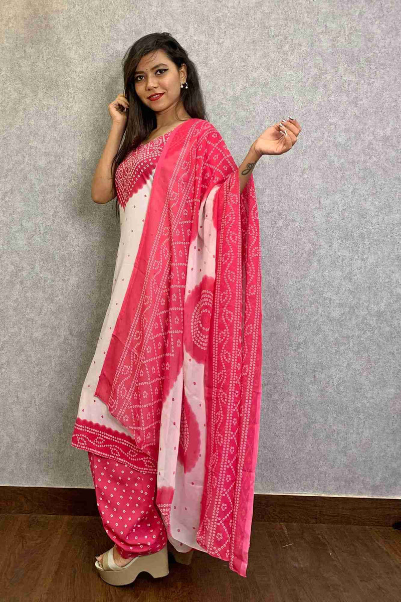 White And pink bandhani printed ready to wear salwar kameez - Isadora Life Online Shopping Store
