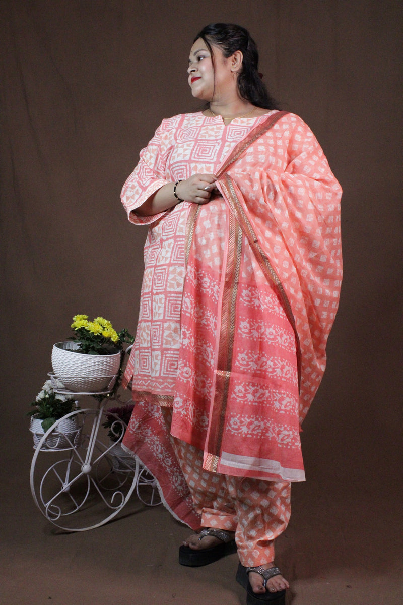 White Pink handblock print ready to wear Salwar-Kameez with printed Dupatta - Isadora Life Online Shopping Store