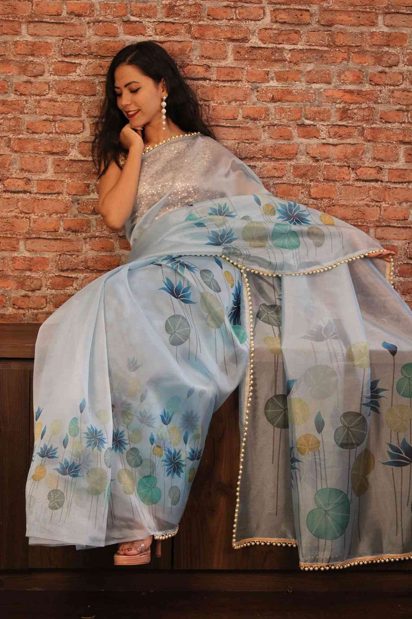 Light blue sheer organza with moti lace border wrap in 1 minute saree - Isadora Life Online Shopping Store