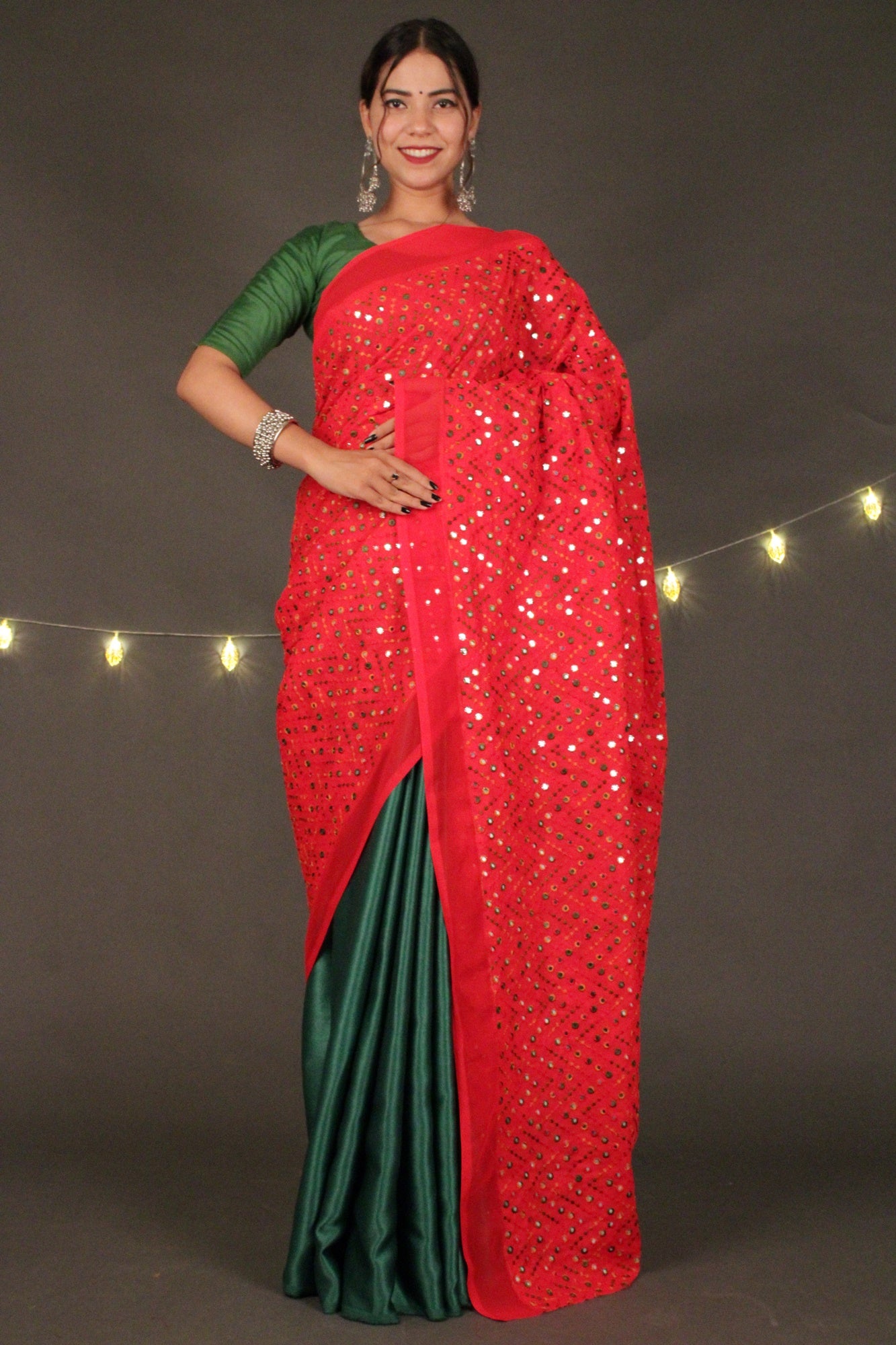Designer mirror work and satin silk half & half 1 minute sari by isadora life - Isadora Life Online Shopping Store