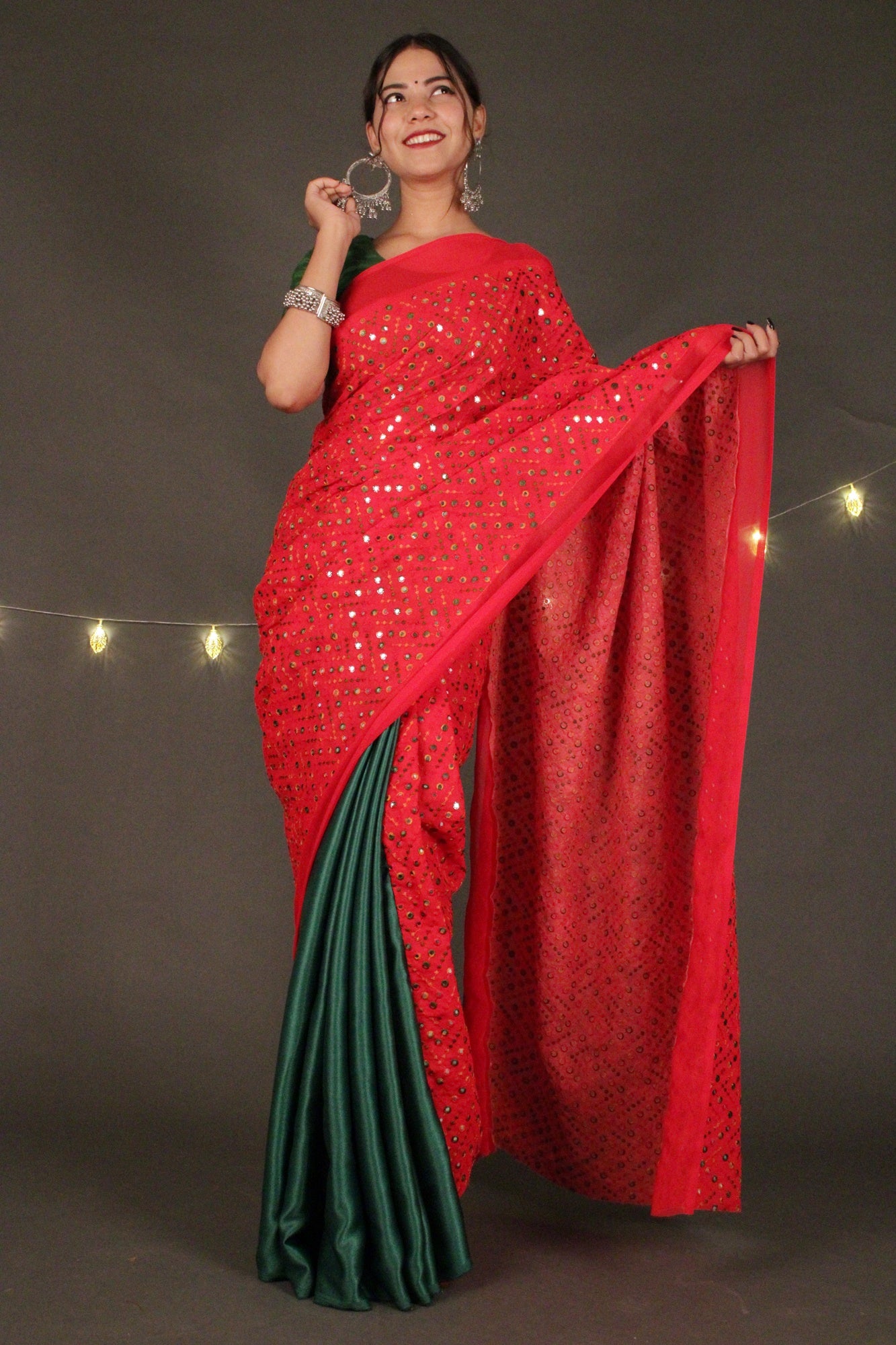 Designer mirror work and satin silk half & half 1 minute sari by isadora life - Isadora Life Online Shopping Store