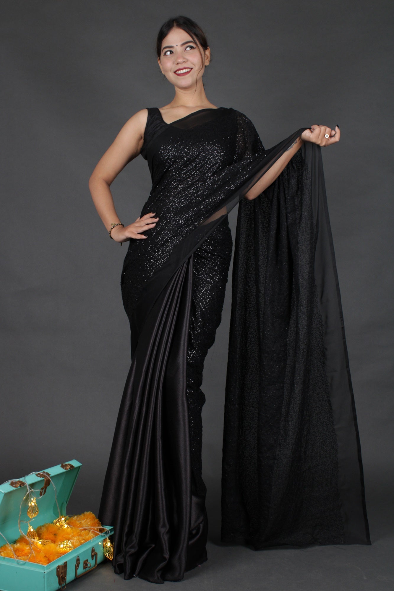 Black georgette sequin woven wrap in 1 minute saree - Isadora Life Online Shopping Store