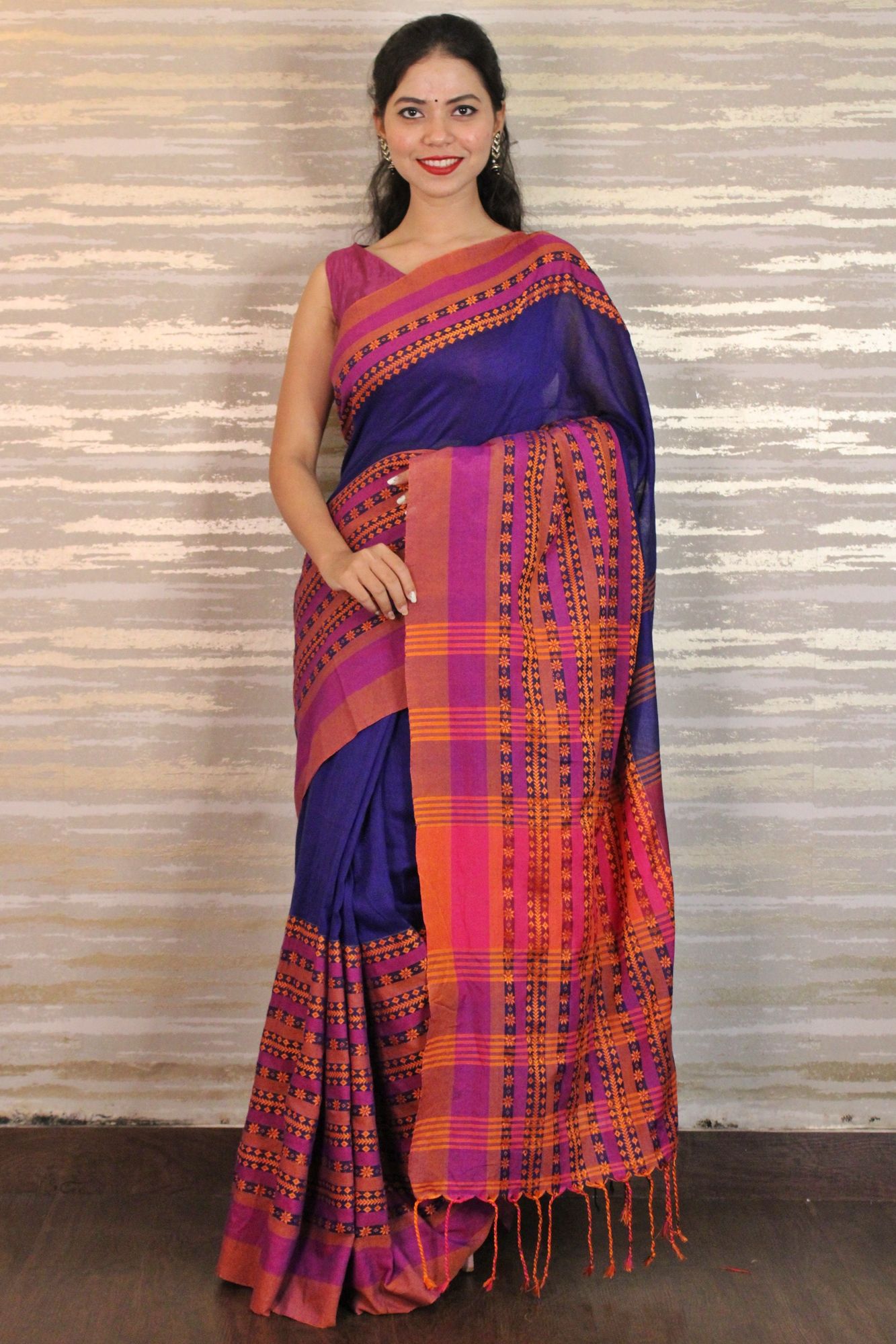 Royal blue and pink Begampuri woven wrap in 1 minute saree - Isadora Life Online Shopping Store