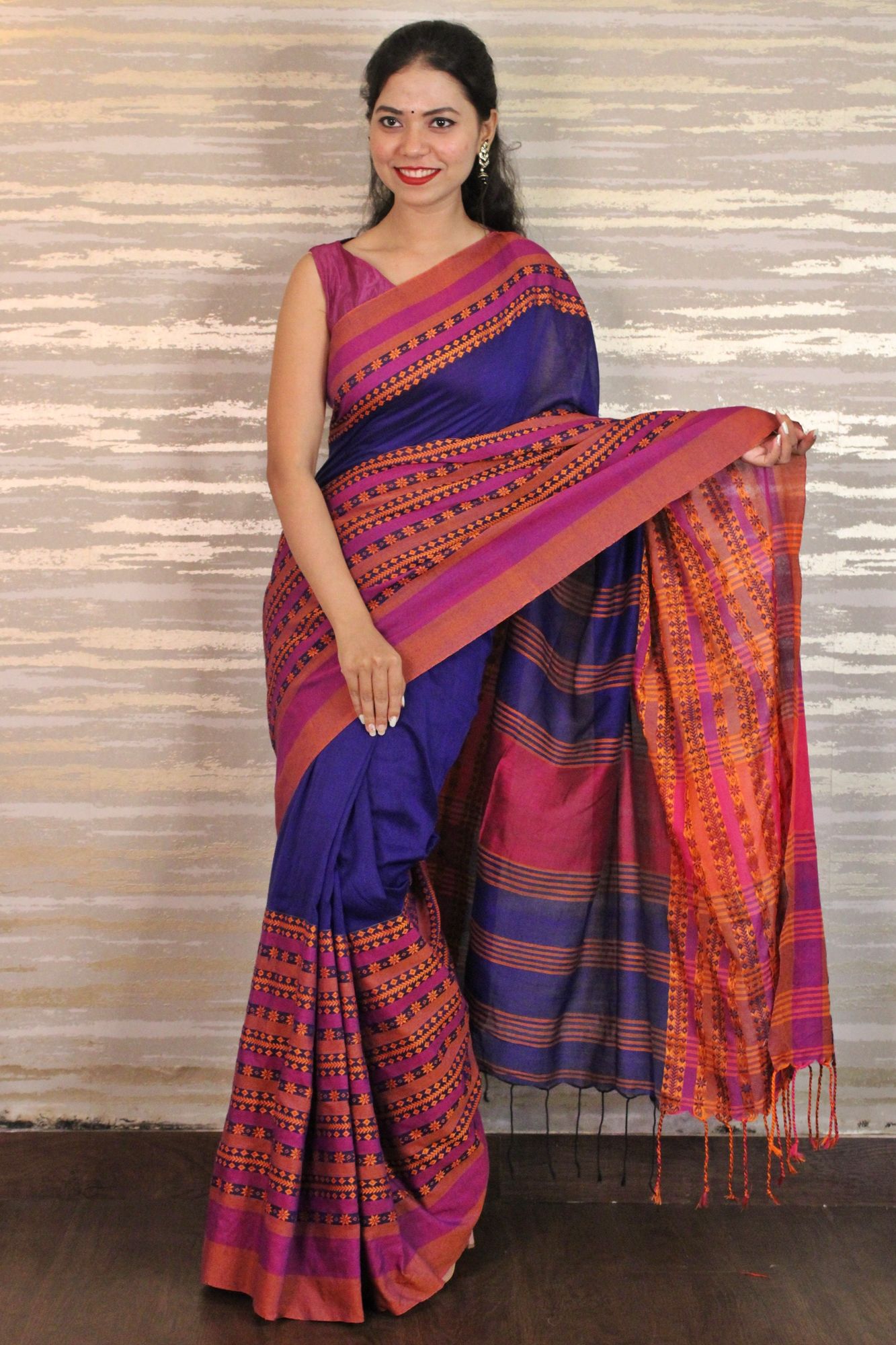 Royal blue and pink Begampuri woven wrap in 1 minute saree - Isadora Life Online Shopping Store